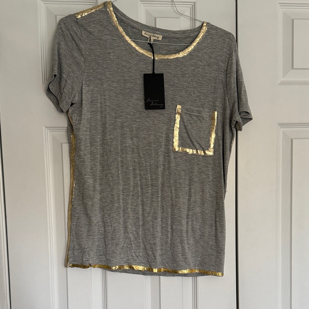 Jane and Delancey Gray Short Sleeve Tee with Gold Trim